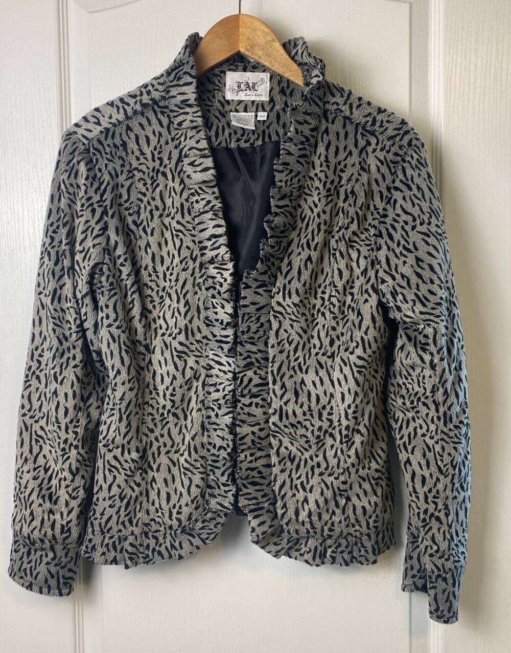 Live a Little Gray Black Animal Print Ruffle Whimsygoth Cardigan Petite Medium